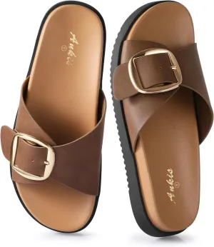 Ankis Brown Black White Flat Sandals for Women 2025,Wide Width Leather Sandals for Women Comfortable Dressy,Womens Summer Beach Sandals with Adjustable Strap and Buckle