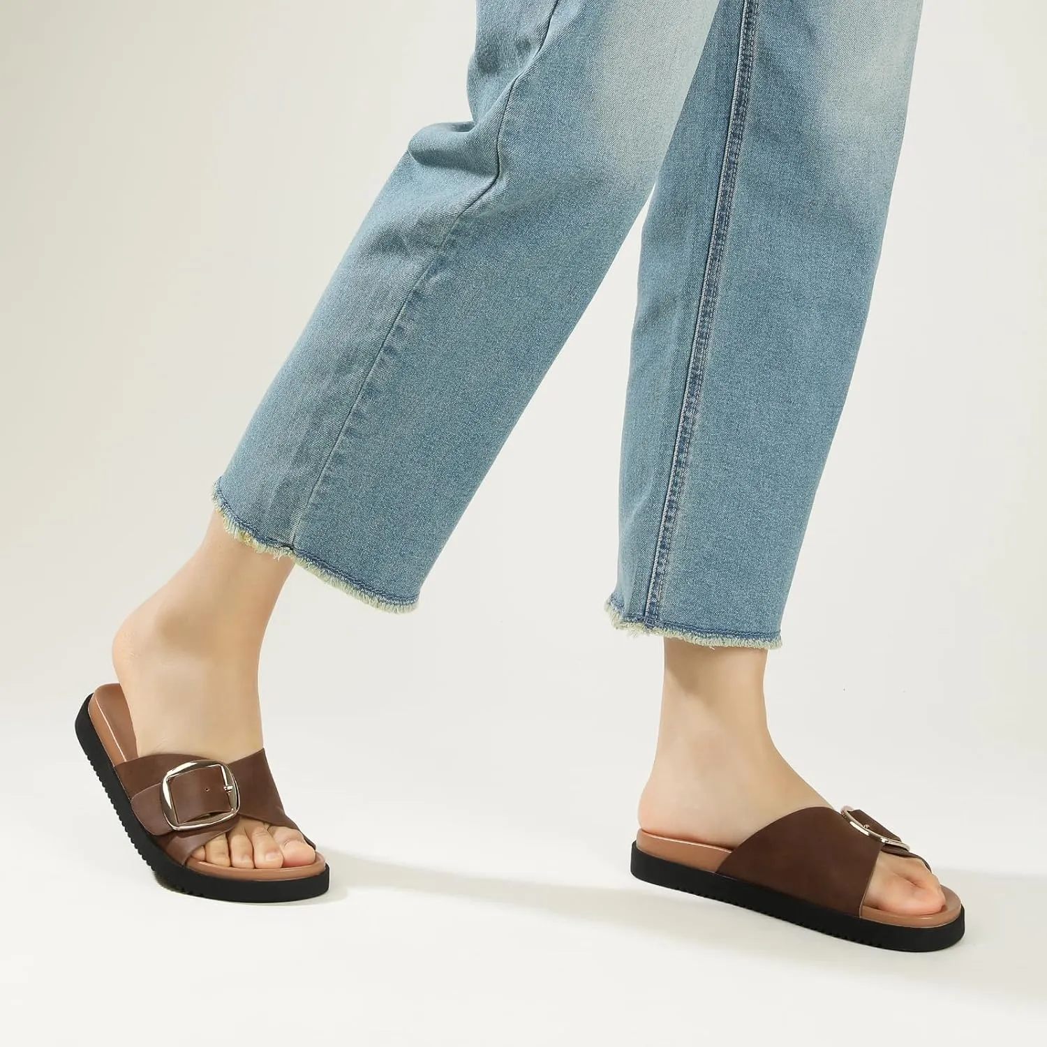 Ankis Brown Black White Flat Sandals for Women 2025,Wide Width Leather Sandals for Women Comfortable Dressy,Womens Summer Beach Sandals with Adjustable Strap and Buckle