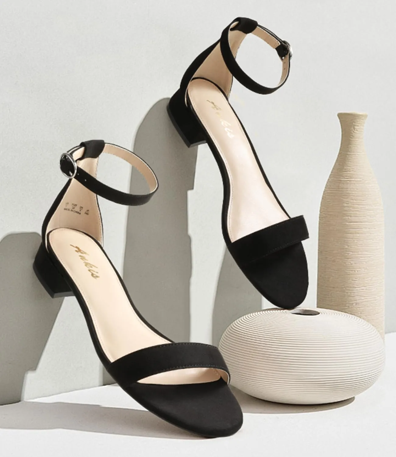 Ankis Nude Black White Women Sandals Dressy 1 Inch Low Block Heel Strappy Open Toe Flat Casual Sandals for Women Comfortable Adjustable Ankle Strap Shoes Wedding Summer 2024