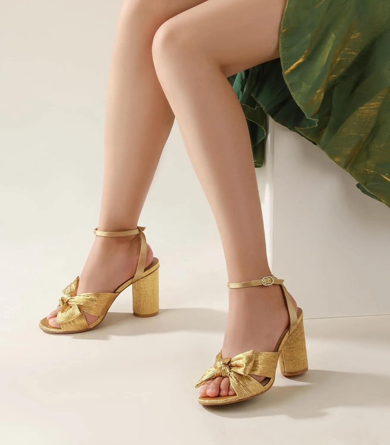 Ankis White Gold Bow Heel Chunky Wedding Shoes for Bride 3.15 Inch High Heel Open Toe Ankle Buckle Strap Dressy Pleated Kont Women Shoe Party Graduation Event Summer