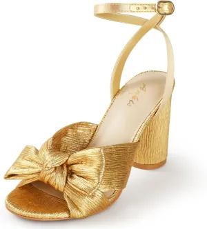 Ankis White Gold Bow Heel Chunky Wedding Shoes for Bride 3.15 Inch High Heel Open Toe Ankle Buckle Strap Dressy Pleated Kont Women Shoe Party Graduation Event Summer