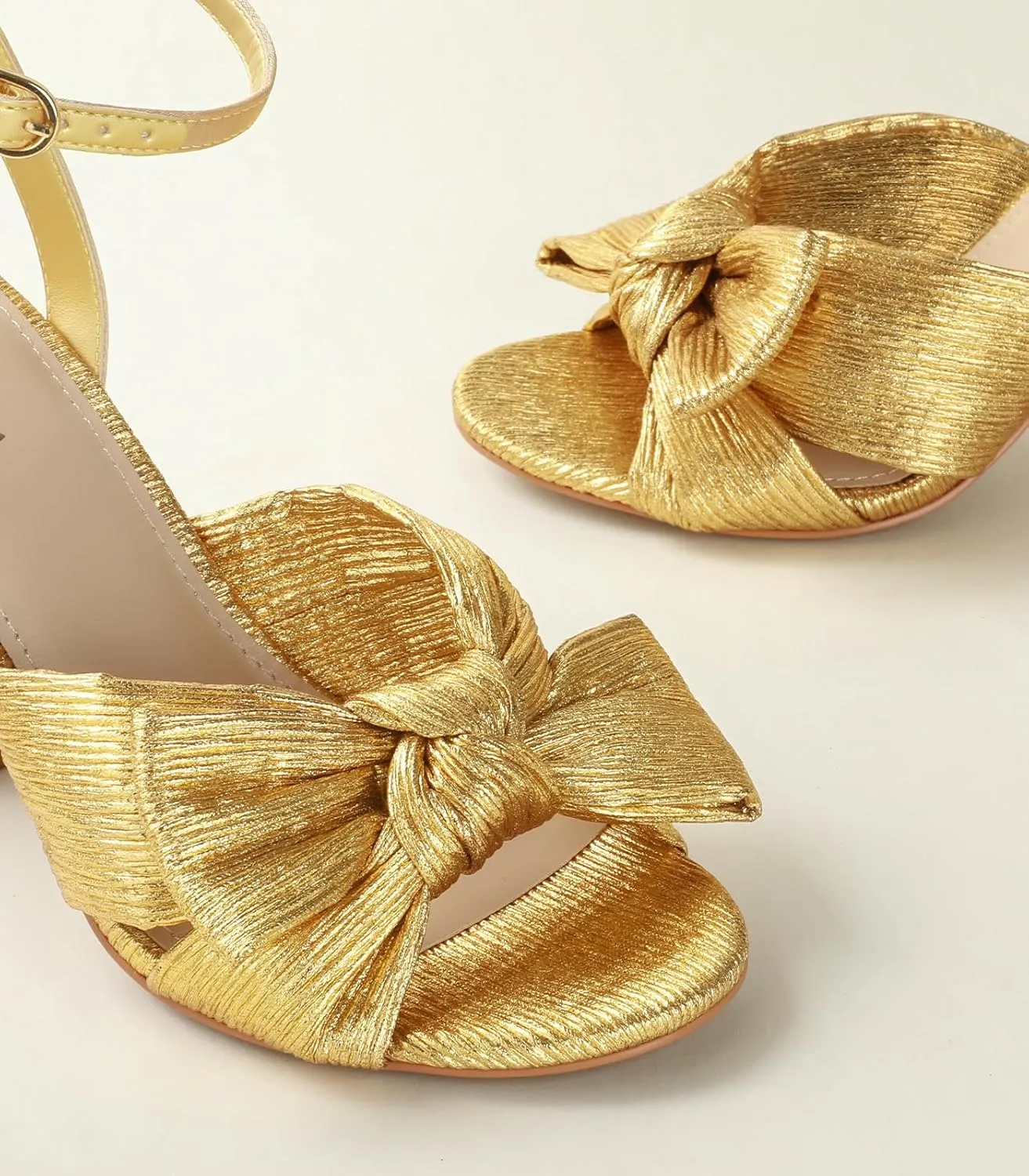 Ankis White Gold Bow Heel Chunky Wedding Shoes for Bride 3.15 Inch High Heel Open Toe Ankle Buckle Strap Dressy Pleated Kont Women Shoe Party Graduation Event Summer