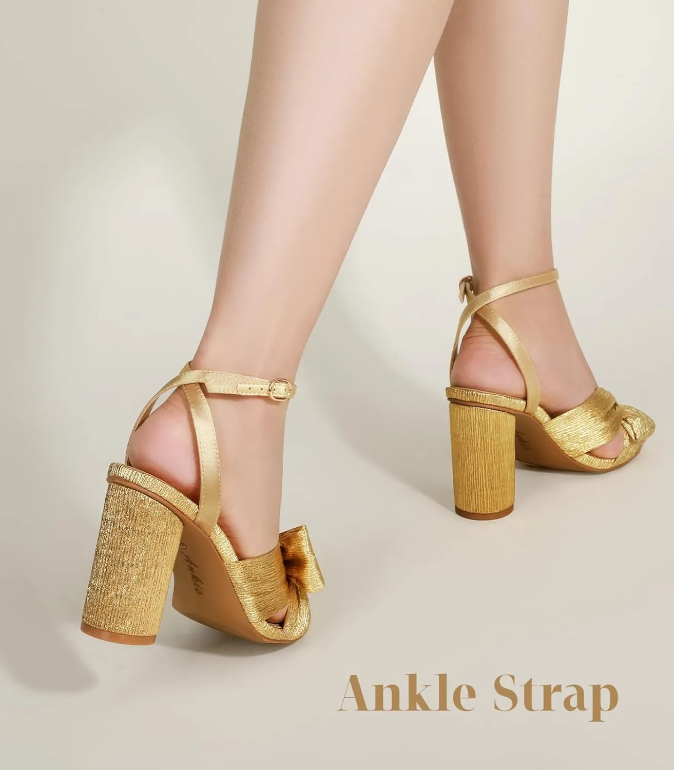 Ankis White Gold Bow Heel Chunky Wedding Shoes for Bride 3.15 Inch High Heel Open Toe Ankle Buckle Strap Dressy Pleated Kont Women Shoe Party Graduation Event Summer