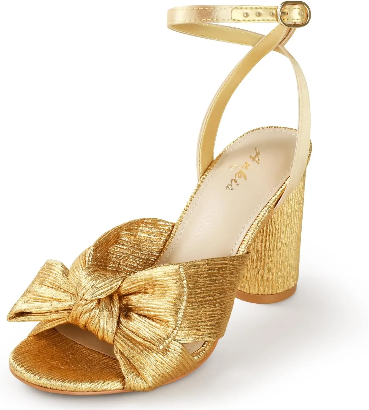 Ankis White Gold Bow Heel Chunky Wedding Shoes for Bride 3.15 Inch High Heel Open Toe Ankle Buckle Strap Dressy Pleated Kont Women Shoe Party Graduation Event Summer