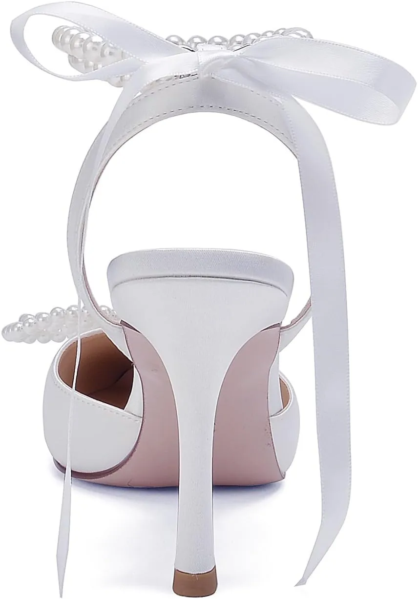 Anna's Bridal Satin White Wedding Shoes for Bride High Heels Closed Toe Bridal Shoes Sandals Prom Party Dress Pumps Sandals Elegant Pointed Toe Bridal Pear Heels for Women