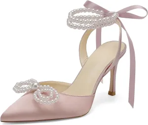 Anna's Bridal Satin White Wedding Shoes for Bride High Heels Closed Toe Bridal Shoes Sandals Prom Party Dress Pumps Sandals Elegant Pointed Toe Bridal Pear Heels for Women