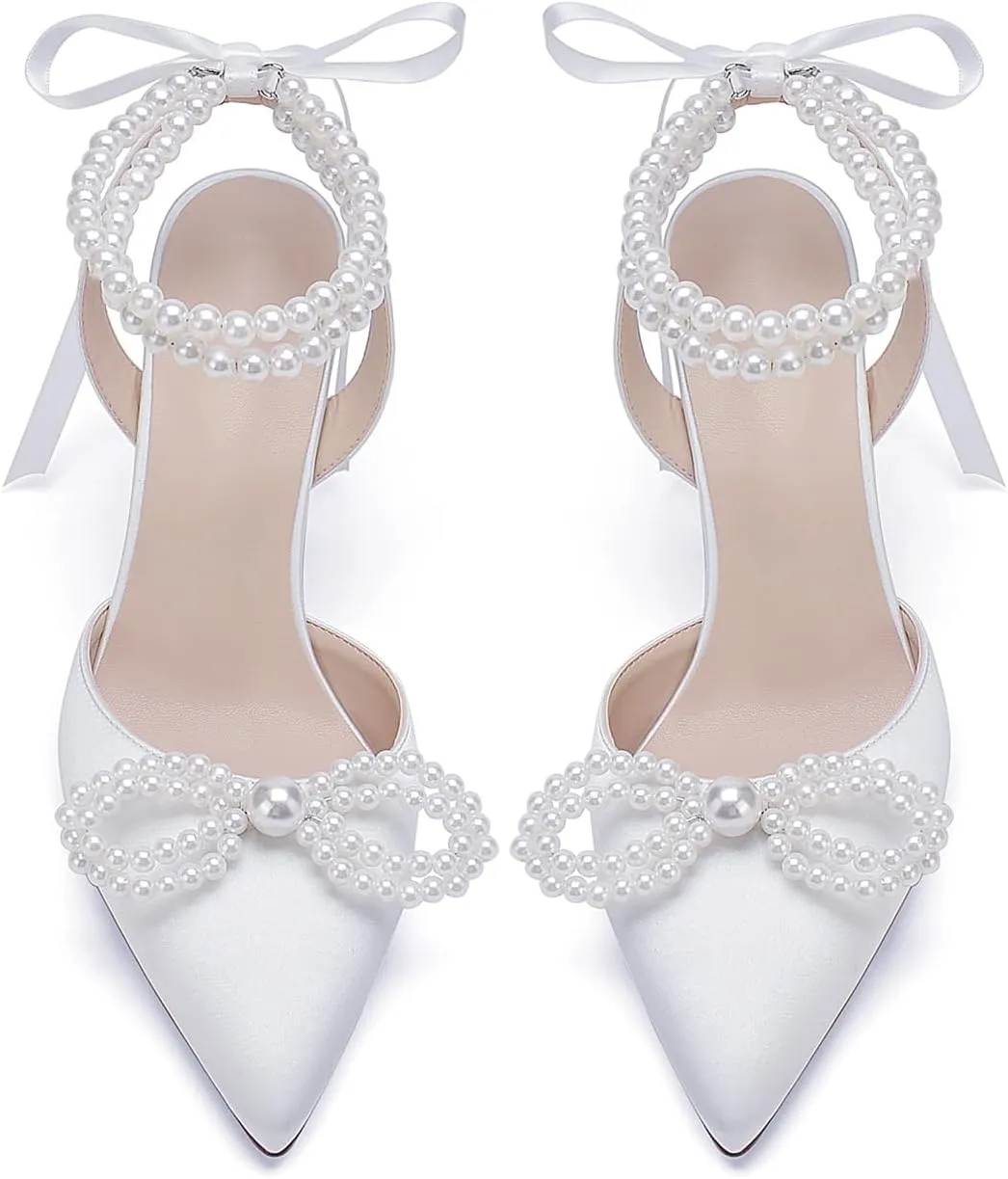 Anna's Bridal Satin White Wedding Shoes for Bride High Heels Closed Toe Bridal Shoes Sandals Prom Party Dress Pumps Sandals Elegant Pointed Toe Bridal Pear Heels for Women