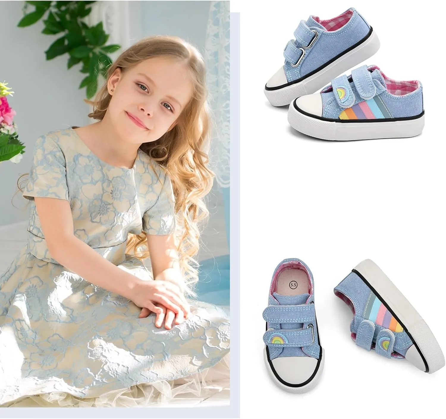 ANTLULU Boys and Girls Canvas Shoes Dual Adjustable Hook and Loop Classic Low Top Kids Sneakers
