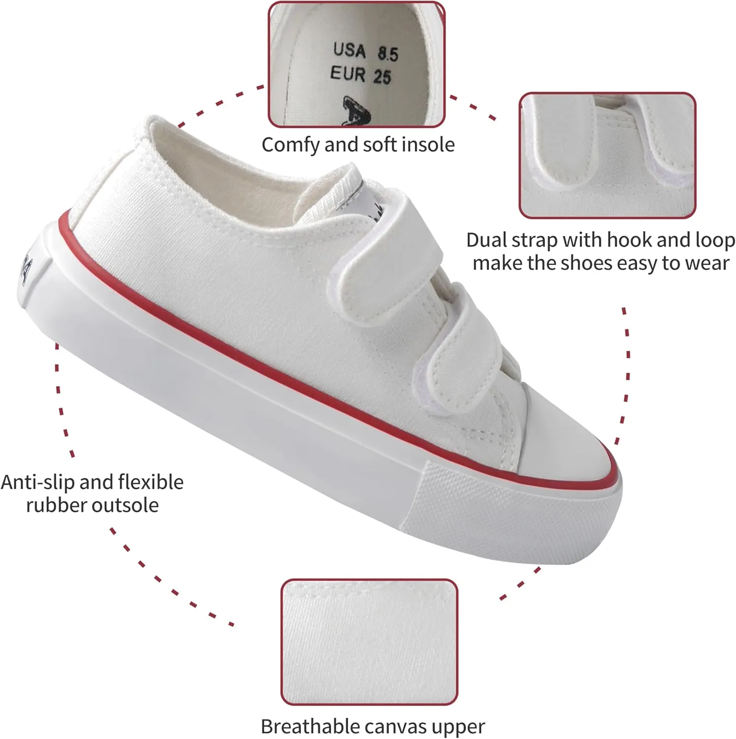 ANTLULU Boys and Girls Canvas Shoes Dual Adjustable Hook and Loop Classic Low Top Kids Sneakers