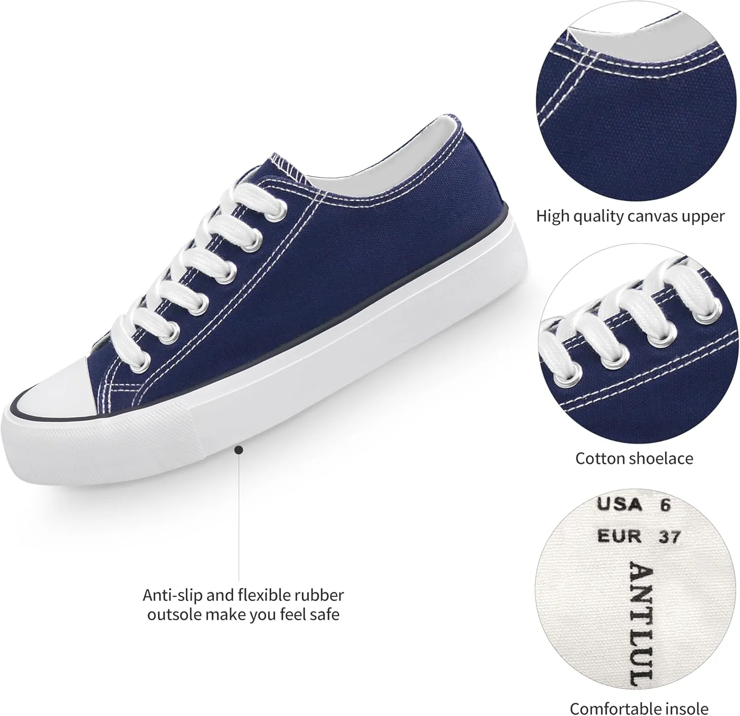 ANTLULU Womens Canvas Shoes Low Top and Lace up Fashion Casual Sneakers Black and White Classic