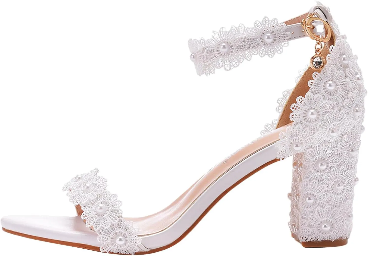ANUFER Women's Elegant Block Heel Ankle Strap Sandals Floral Lace Pearls White Bridal Shoes