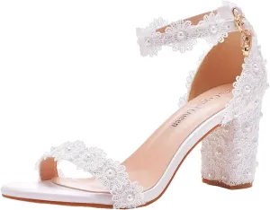 ANUFER Women's Elegant Block Heel Ankle Strap Sandals Floral Lace Pearls White Bridal Shoes
