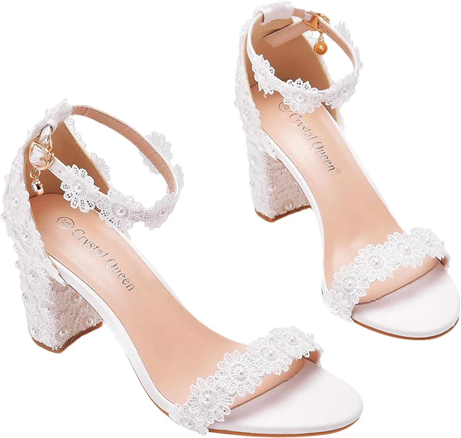 ANUFER Women's Elegant Block Heel Ankle Strap Sandals Floral Lace Pearls White Bridal Shoes