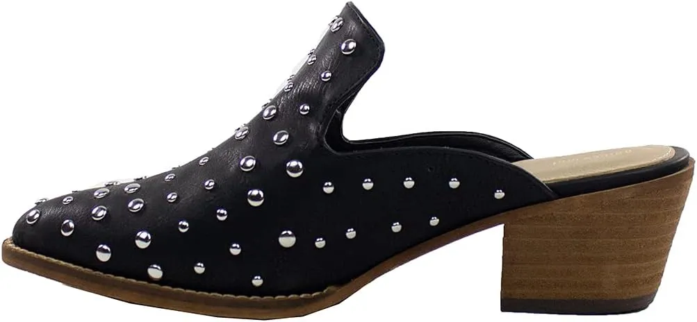 ARiderGirl Cara Studs Studded Stacked Heel Pointed Toe Mule Slip On Mules