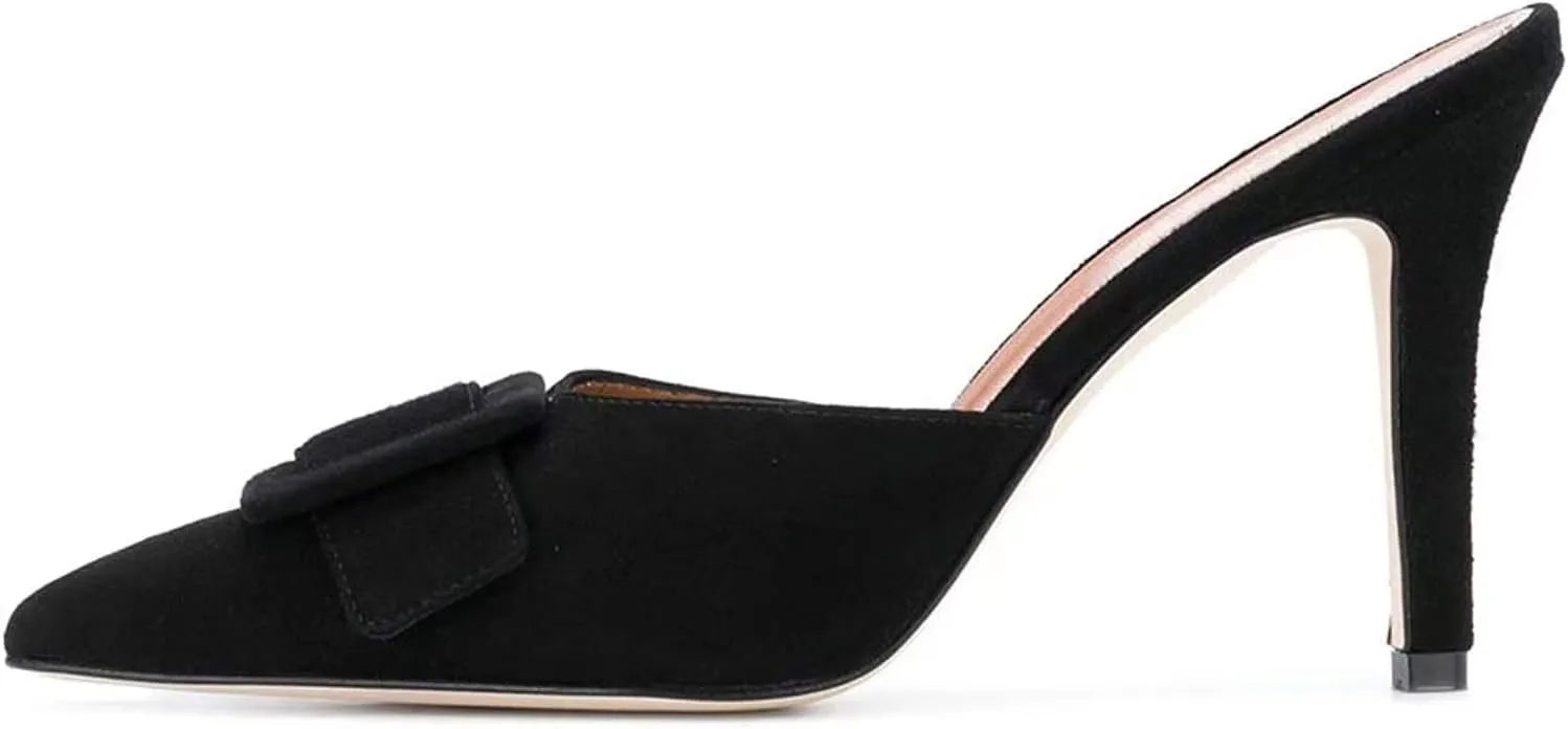 Axellion Comfortable Kitten Heel Mules for Women, Slip-on Backless Loafers with Pointed Toe, Buckle Knot Detail, Stylish Flat Slides for Casual & Business Wear