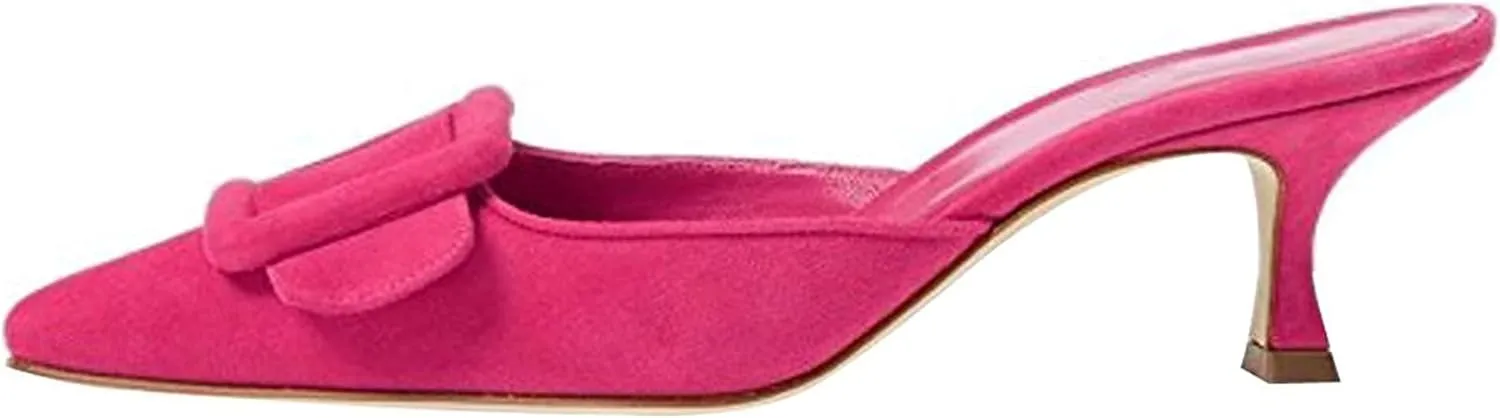 Axellion Comfortable Kitten Heel Mules for Women, Slip-on Backless Loafers with Pointed Toe, Buckle Knot Detail, Stylish Flat Slides for Casual & Business Wear