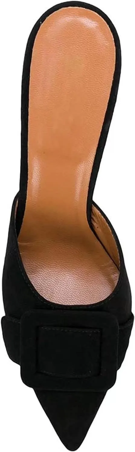 Axellion Comfortable Kitten Heel Mules for Women, Slip-on Backless Loafers with Pointed Toe, Buckle Knot Detail, Stylish Flat Slides for Casual & Business Wear