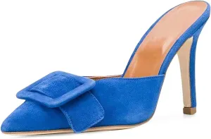 Axellion Comfortable Kitten Heel Mules for Women, Slip-on Backless Loafers with Pointed Toe, Buckle Knot Detail, Stylish Flat Slides for Casual & Business Wear