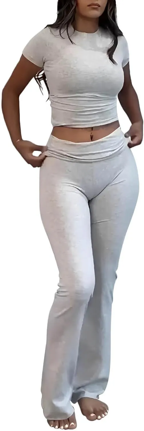 AYWA Women's 2 Piece Lounge Sets Short Sleeve Crop Top Foldover Flare Pants Casual Pajama Outfits