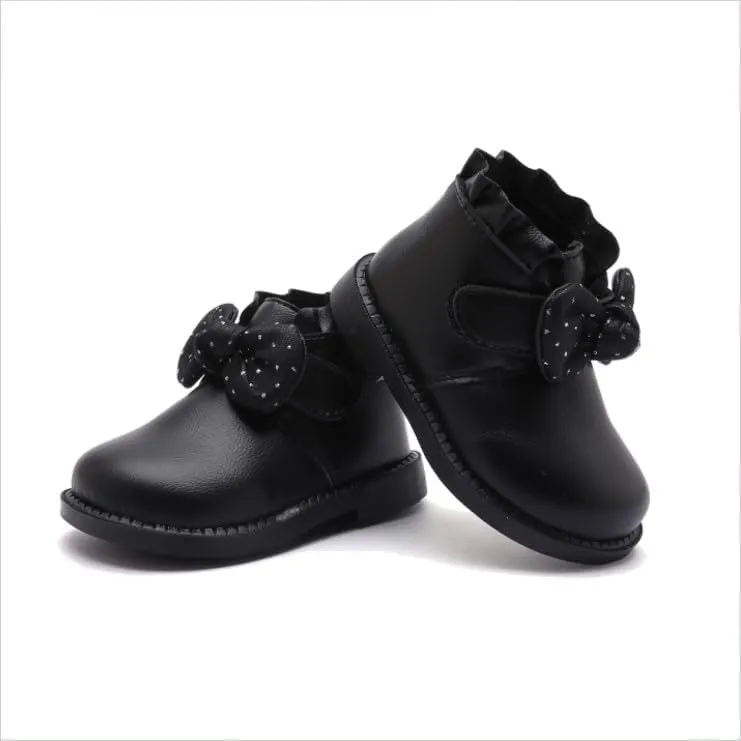 Baby Girls' Soft Leather Ankle Boots Non-slip with Bow Booties for Infant Toddler 9-24 Months First Walking Shoes