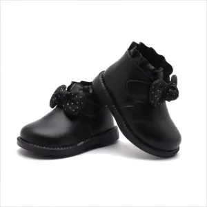 Baby Girls' Soft Leather Ankle Boots Non-slip with Bow Booties for Infant Toddler 9-24 Months First Walking Shoes