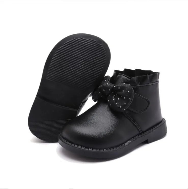 Baby Girls' Soft Leather Ankle Boots Non-slip with Bow Booties for Infant Toddler 9-24 Months First Walking Shoes