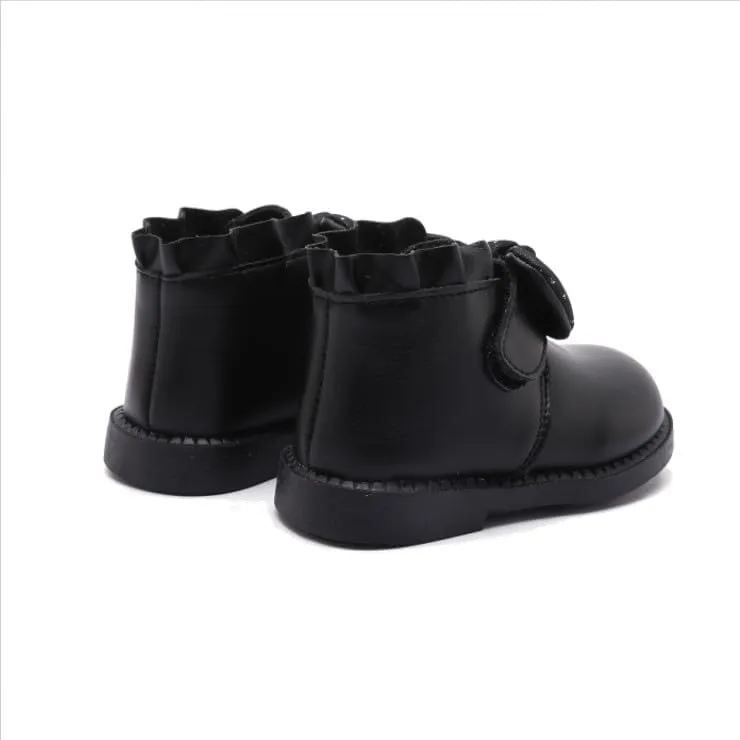 Baby Girls' Soft Leather Ankle Boots Non-slip with Bow Booties for Infant Toddler 9-24 Months First Walking Shoes