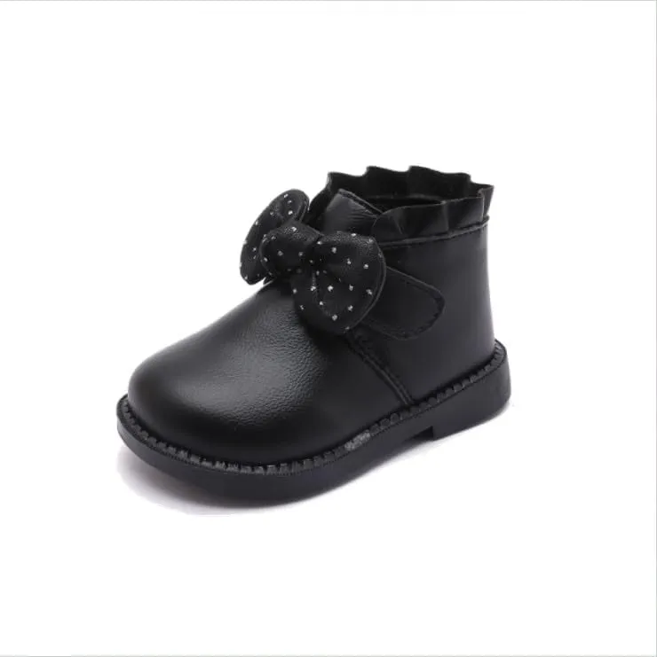 Baby Girls' Soft Leather Ankle Boots Non-slip with Bow Booties for Infant Toddler 9-24 Months First Walking Shoes