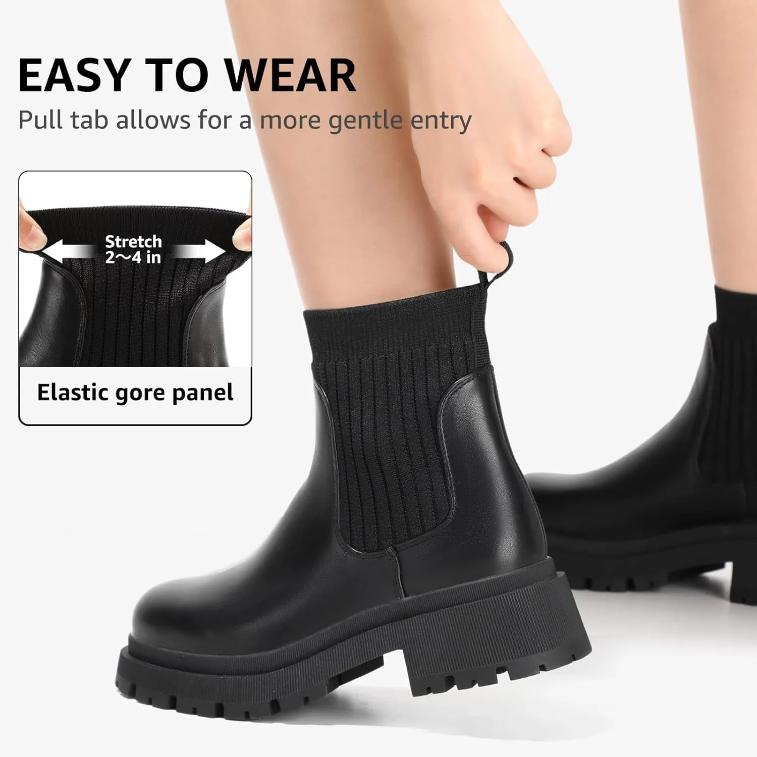 Bacia Women's Chelsea Boots Fashion Ankle Boots Comfort Platform Elastic Chunky Boots wite Lug Sole