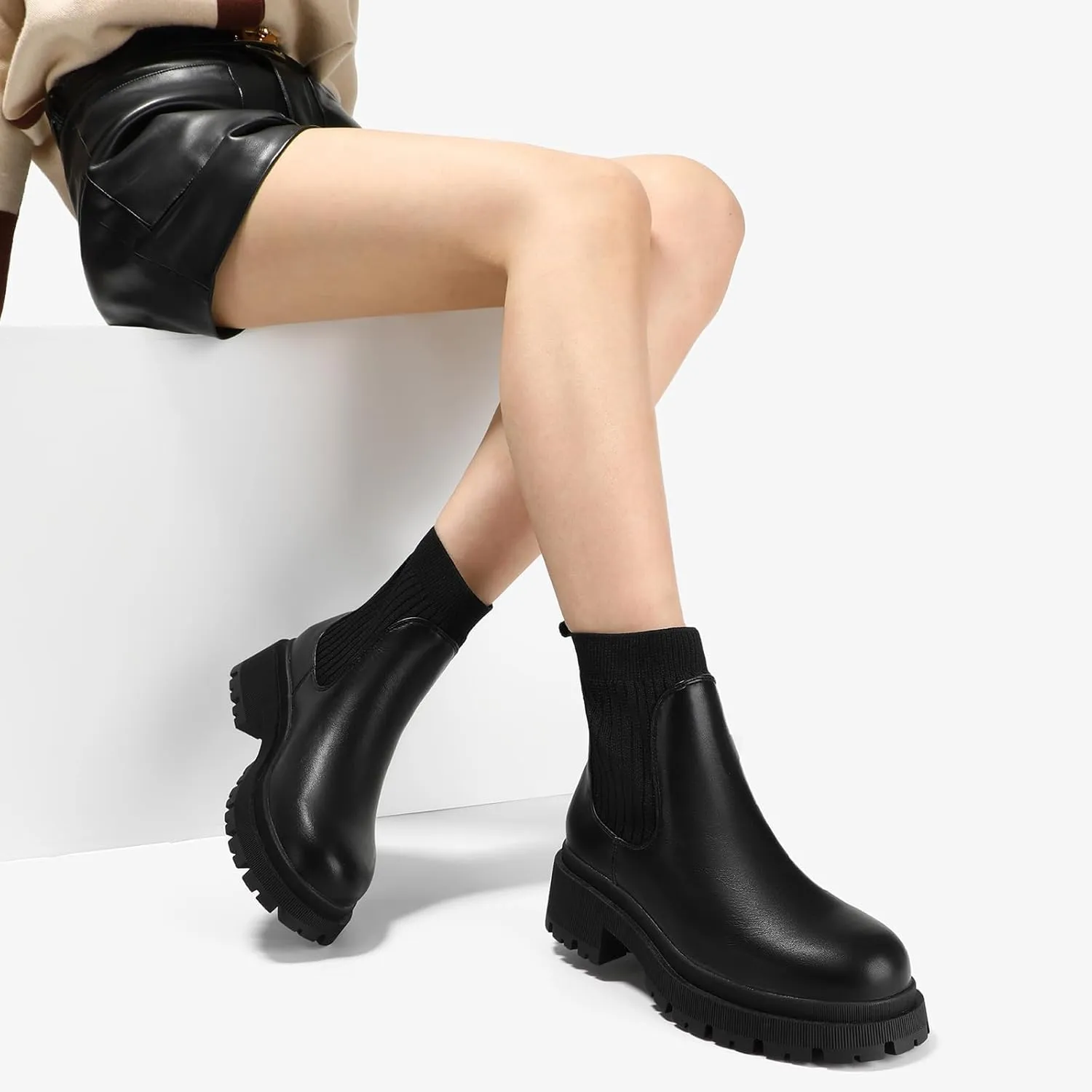 Bacia Women's Chelsea Boots Fashion Ankle Boots Comfort Platform Elastic Chunky Boots wite Lug Sole