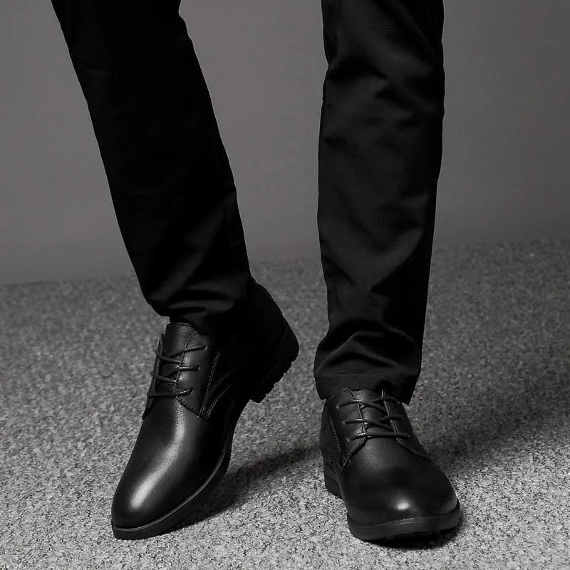 Black Lace-up Height Increase Leather Shoes Casual Business Loafers Men Pointed Toe Non Slip Oxford