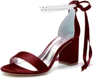 Block Heel Pearl Wedding Shoes for Bride Women Heeled Sandals Bridal Heels Chunky
