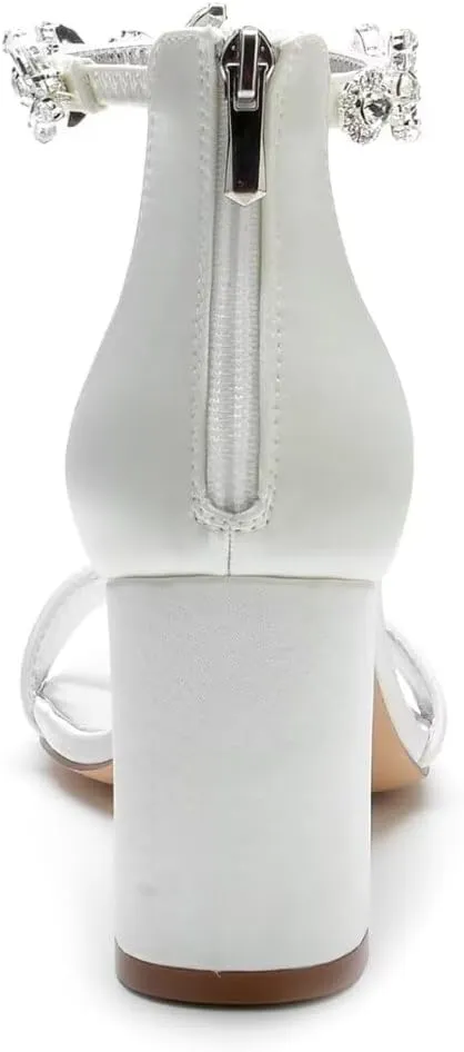 Block Heel Wedding Sandals Open Toe Rhinestones Heeled Sandal Shoes Women Bridal Heels