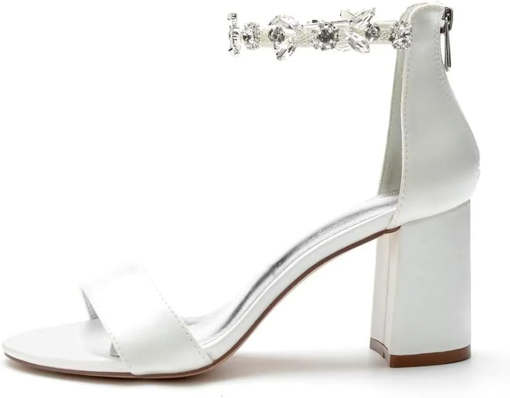 Block Heel Wedding Sandals Open Toe Rhinestones Heeled Sandal Shoes Women Bridal Heels