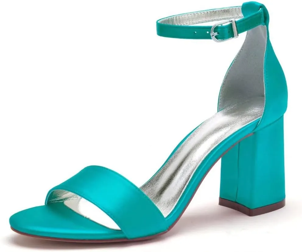 Block Heel Wedding Sandals Shoes for Bride Open Toe Satin Prom Evening Formal Party Sandal Heels 1151-1