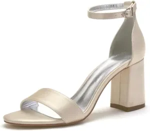 Block Heel Wedding Sandals Shoes for Bride Open Toe Satin Prom Evening Formal Party Sandal Heels 1151-1
