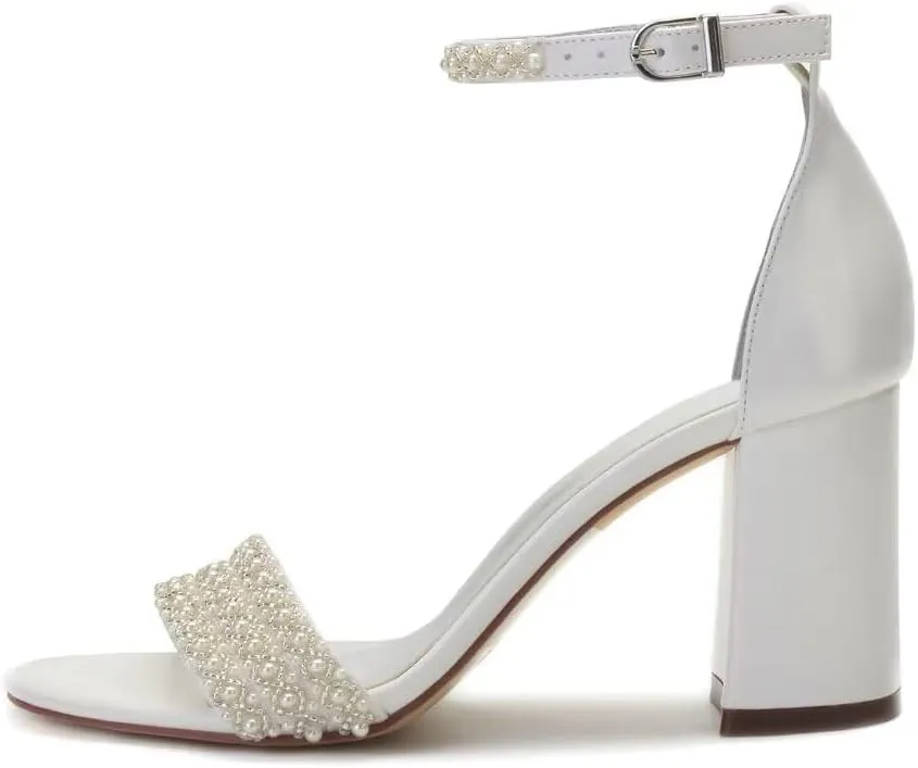 Block Heel Wedding Shoes for Bride Open Toe Pearl Bridal Shoes Wedding Heeled Sandals