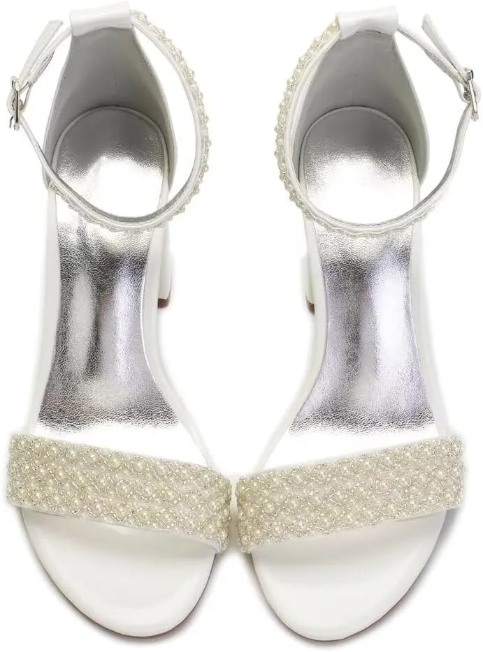 Block Heel Wedding Shoes for Bride Open Toe Pearl Bridal Shoes Wedding Heeled Sandals