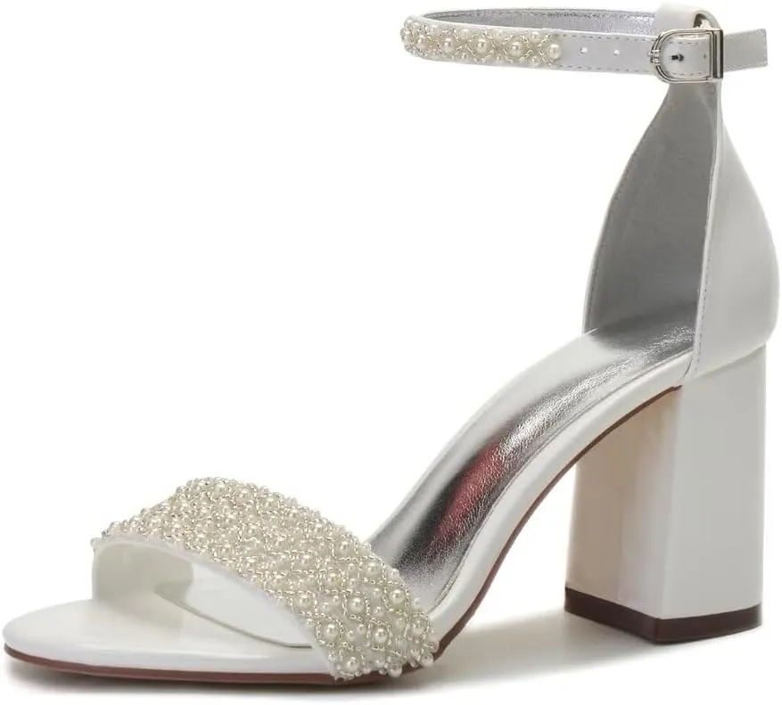 Block Heel Wedding Shoes for Bride Open Toe Pearl Bridal Shoes Wedding Heeled Sandals