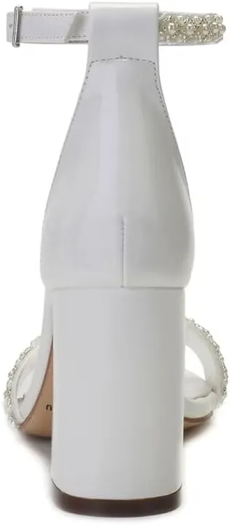 Block Heel Wedding Shoes for Bride Open Toe Pearl Bridal Shoes Wedding Heeled Sandals