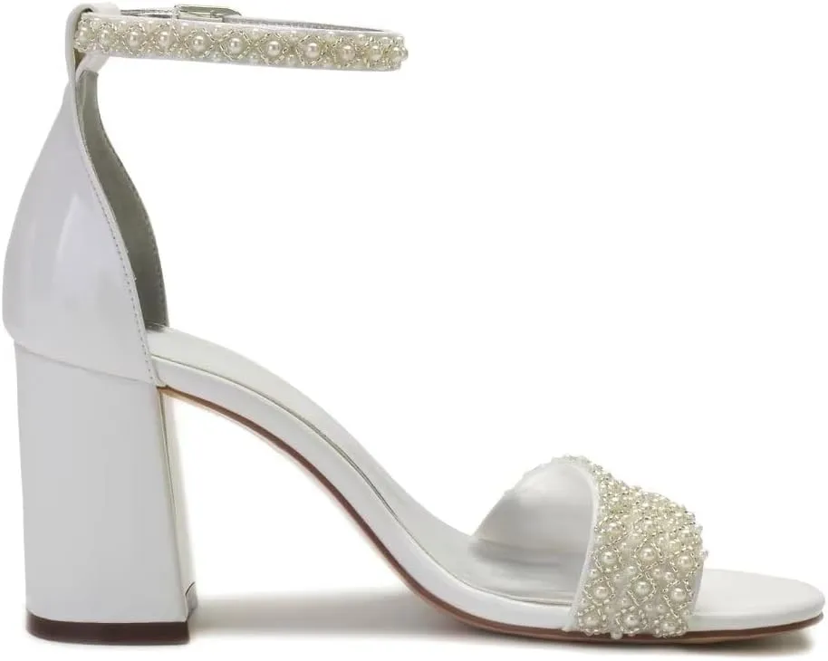 Block Heel Wedding Shoes for Bride Open Toe Pearl Bridal Shoes Wedding Heeled Sandals