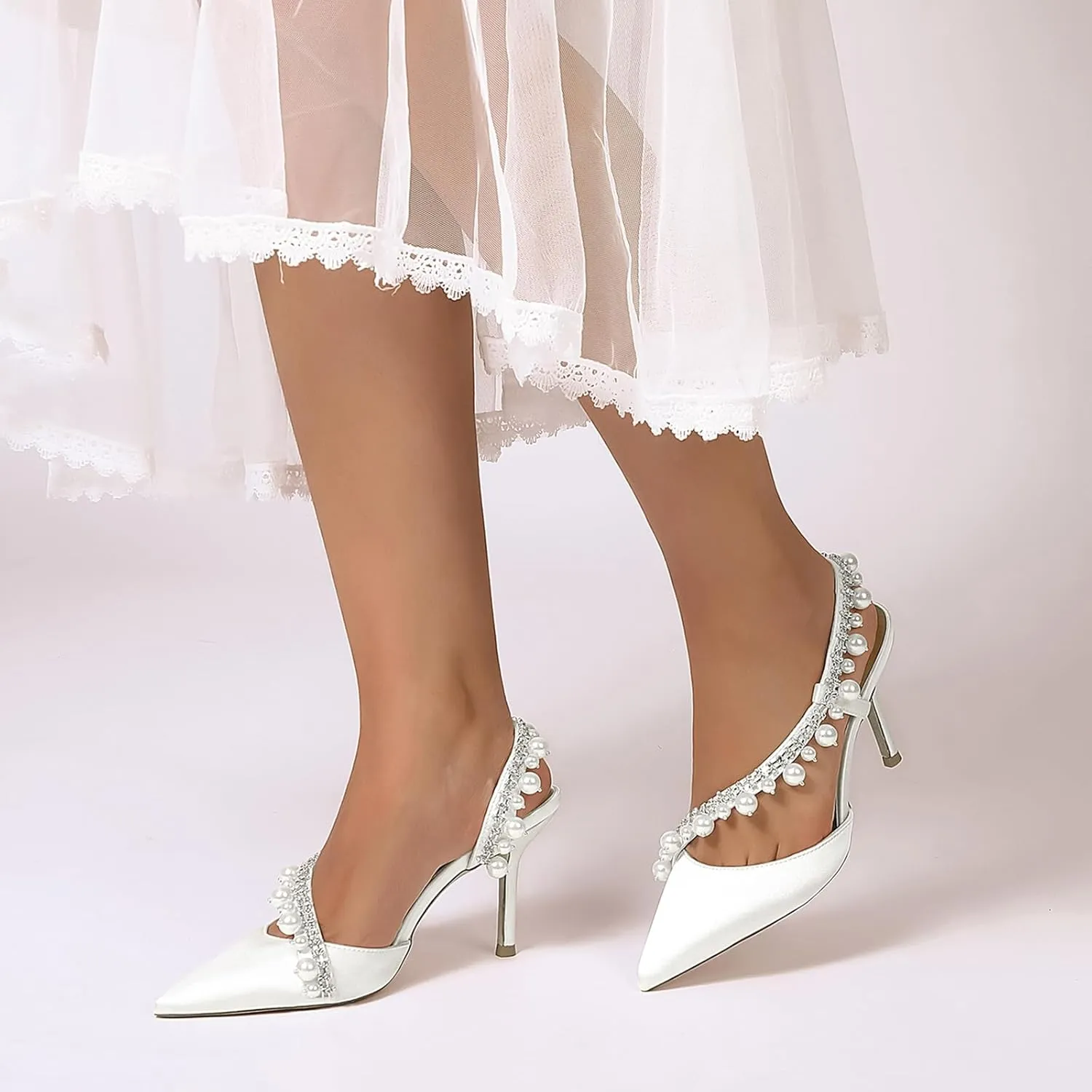 Bride Wedding Shoes for Women 8.5Cm Strappy Closed Rhinestone Pumps Satin Stilettowedding Guest Party Dance Prom Dress Shoes for Bridesmaids