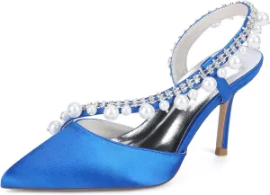 Bride Wedding Shoes for Women 8.5Cm Strappy Closed Rhinestone Pumps Satin Stilettowedding Guest Party Dance Prom Dress Shoes for Bridesmaids