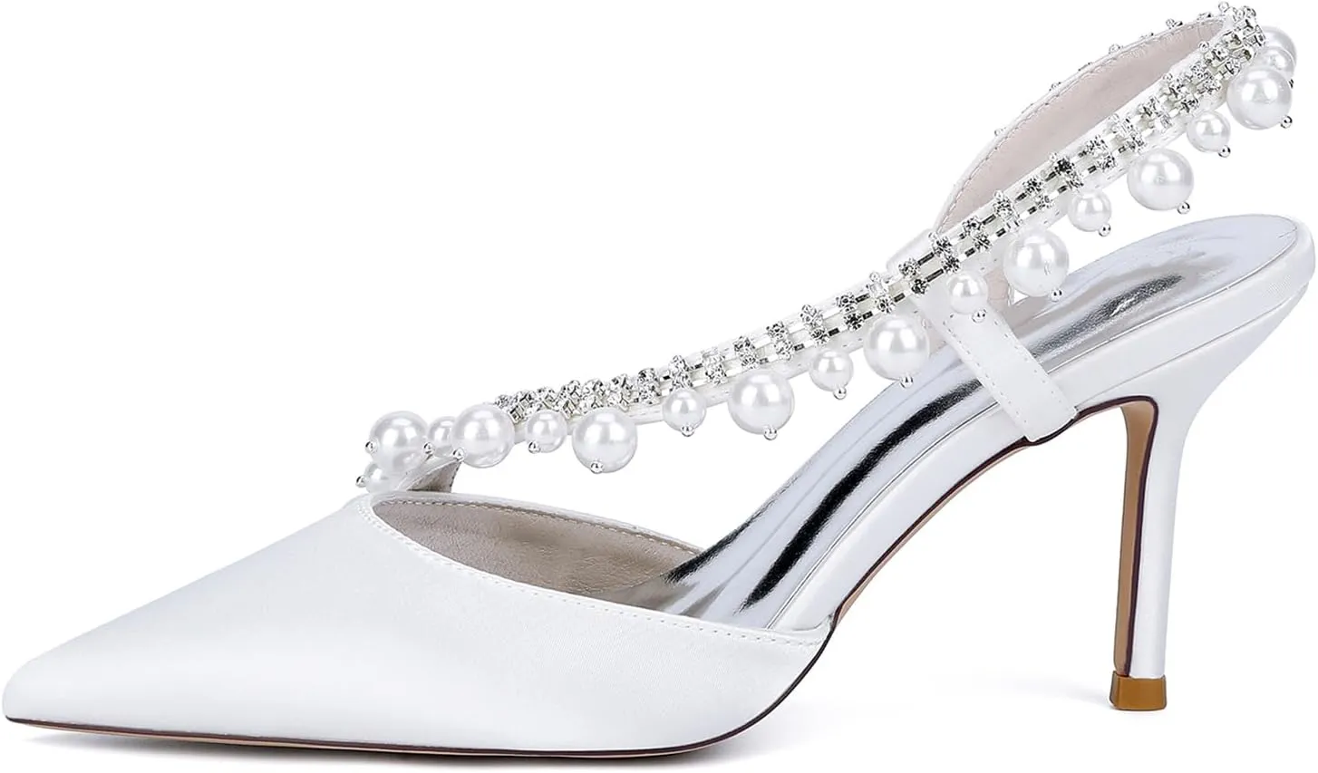 Bride Wedding Shoes for Women 8.5Cm Strappy Closed Rhinestone Pumps Satin Stilettowedding Guest Party Dance Prom Dress Shoes for Bridesmaids