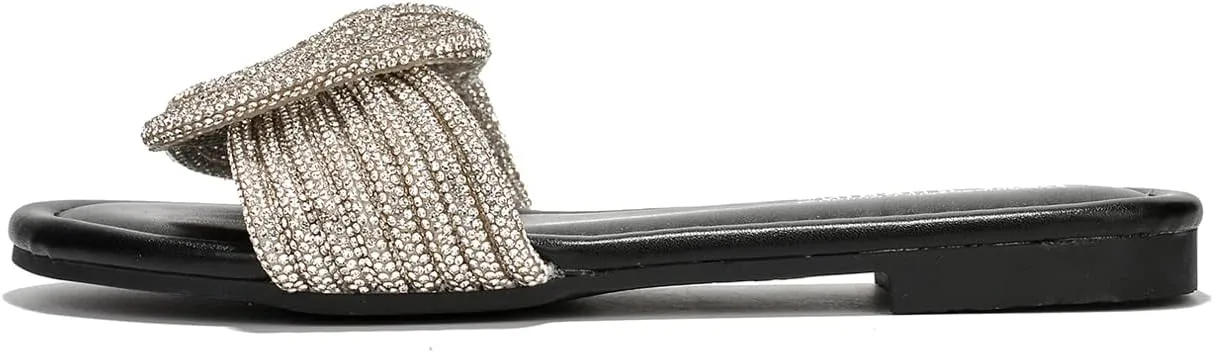 Cape Robbin Women's Open Toe Slide Sandals - Sparkly Flat Summer Dressy Sandals with Rhinestone-Embellished Knot (Jeffer)