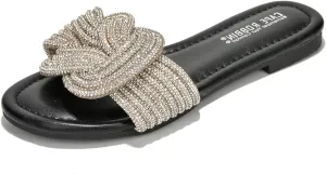Cape Robbin Women's Open Toe Slide Sandals - Sparkly Flat Summer Dressy Sandals with Rhinestone-Embellished Knot (Jeffer)