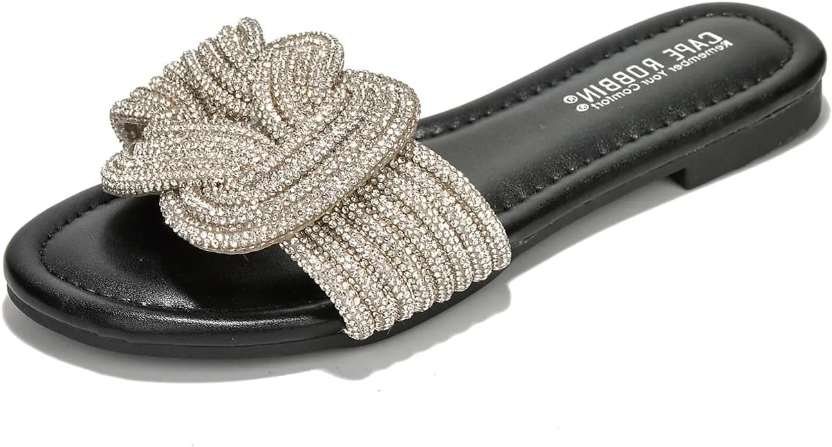 Cape Robbin Women's Open Toe Slide Sandals - Sparkly Flat Summer Dressy Sandals with Rhinestone-Embellished Knot (Jeffer)