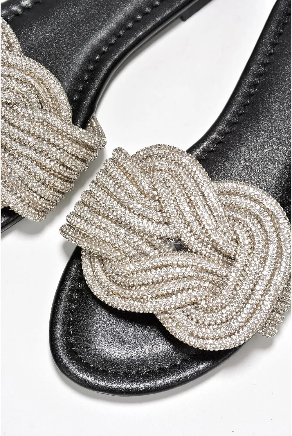 Cape Robbin Women's Open Toe Slide Sandals - Sparkly Flat Summer Dressy Sandals with Rhinestone-Embellished Knot (Jeffer)