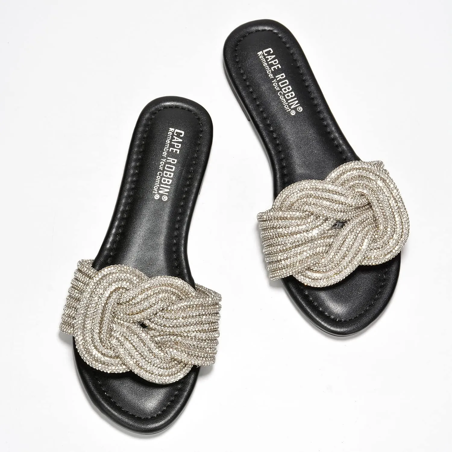 Cape Robbin Women's Open Toe Slide Sandals - Sparkly Flat Summer Dressy Sandals with Rhinestone-Embellished Knot (Jeffer)