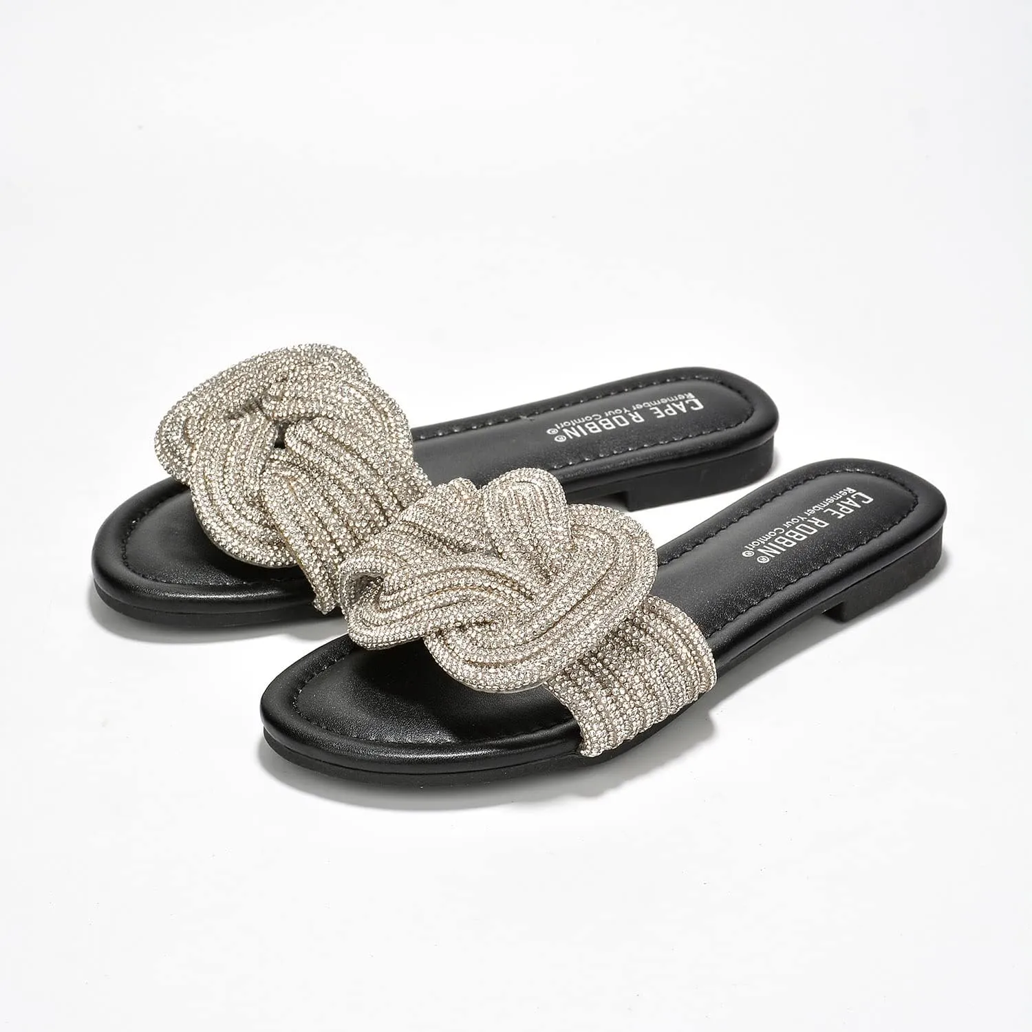 Cape Robbin Women's Open Toe Slide Sandals - Sparkly Flat Summer Dressy Sandals with Rhinestone-Embellished Knot (Jeffer)